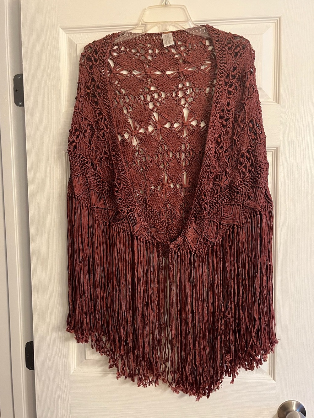 Free People Burgundy Open-Knit Fringe Shawl